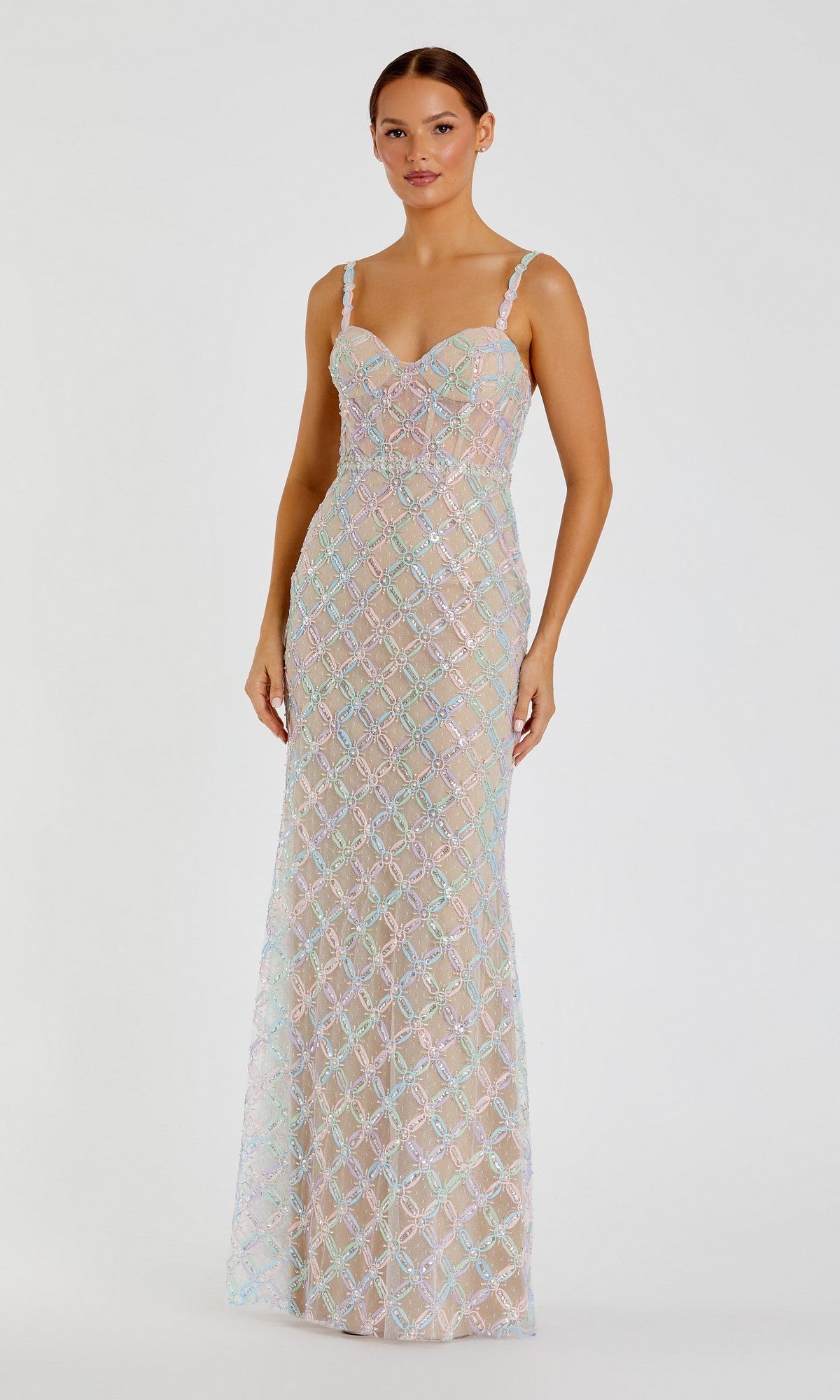 A woman is wearing the Long Formal Dress: Mac Duggal 68886 in Pastel Multi, a long, fitted gown featuring delicate sequin detailing and spaghetti straps, standing against a plain white background.